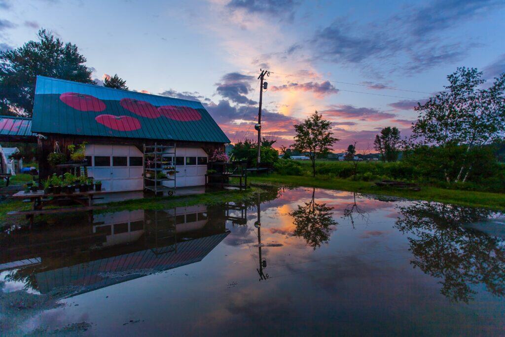 Flooded property with water reflection, flood risk, and flood insurance concepts.