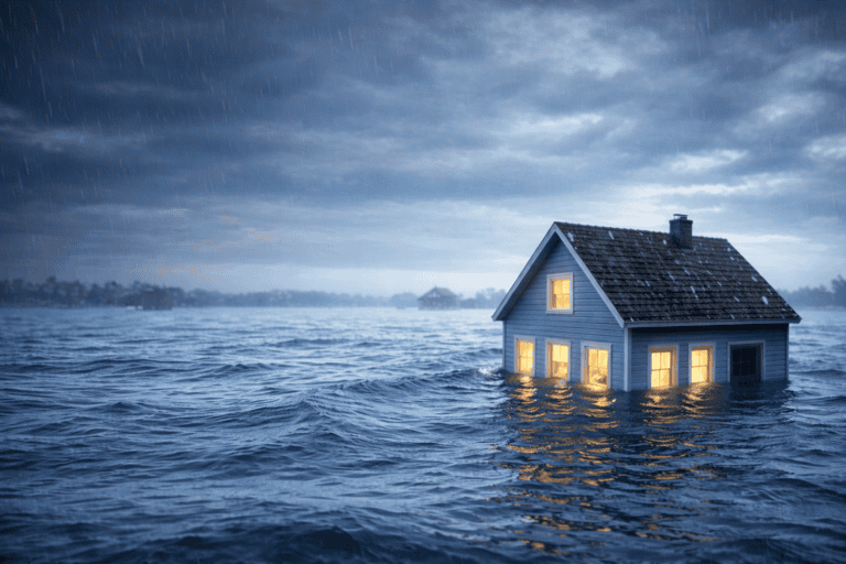 House submerged in floodwaters, illustrating flood risk and flood insurance importance.