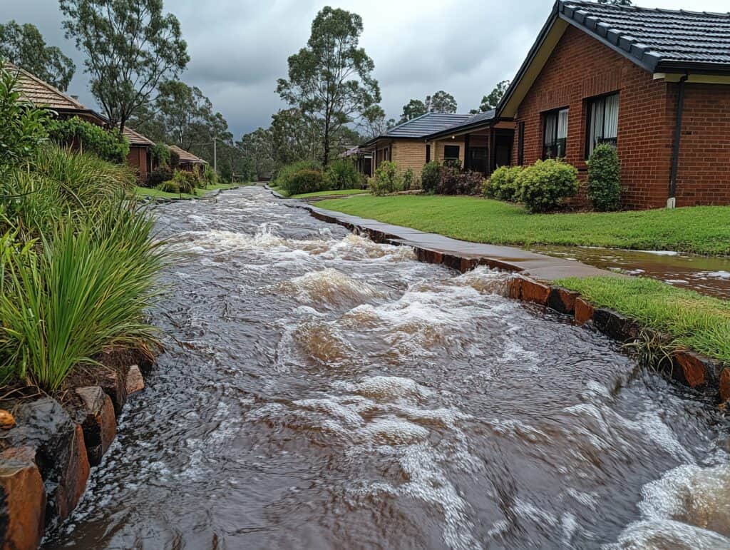 Flooded street near homes, highlighting flood risk and flood insurance importance.